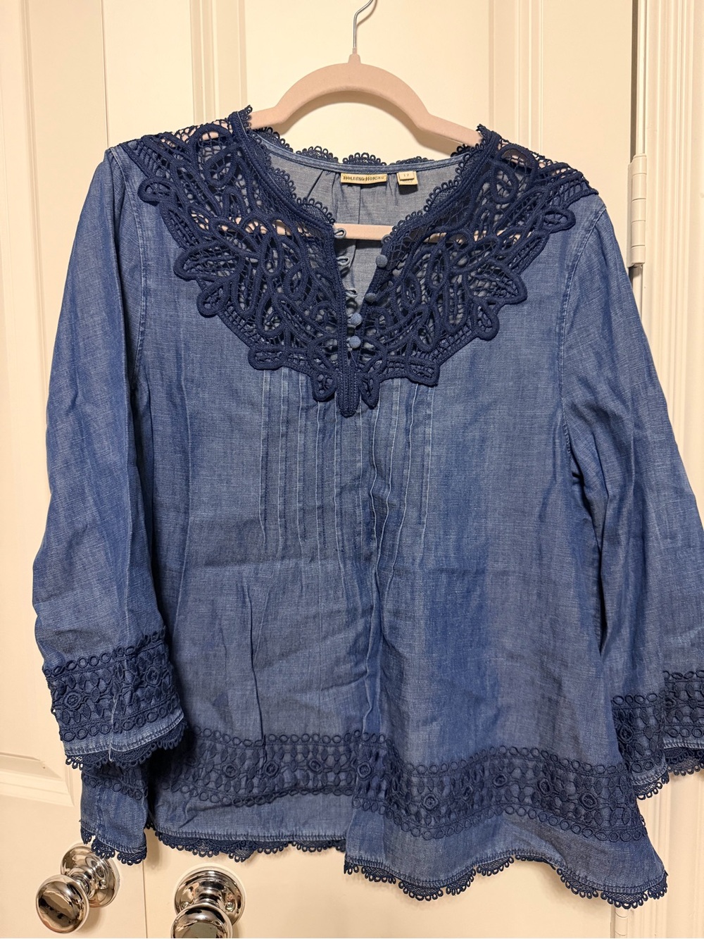 Anthropologie Holding Horses Chambray Crochet Lace Top Sz 12